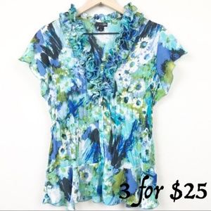 East 5th Ruffle Abstract Floral Button Up Blue Top
